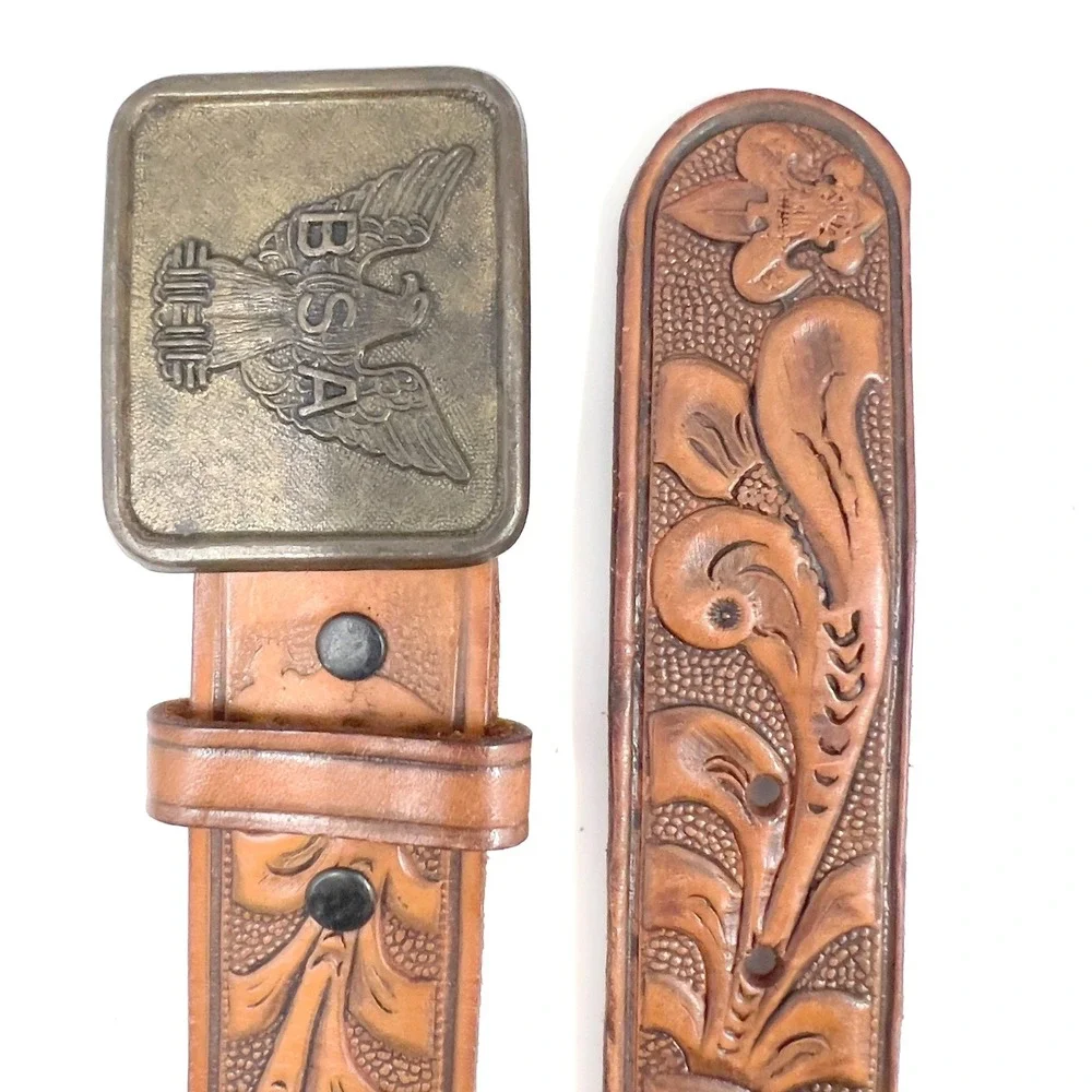 VTG Boy Scouts of America Eagle Scouts Tooled Leather Belt Brass Eagle Buckle 36